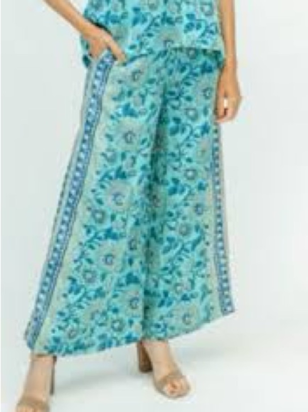 Clara The Label Fawn Pants Blue Bonnet Floral Wide Leg Boho Drawstring Small - Picture 2 of 7